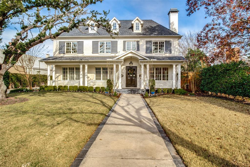 JUST STAGED A NEW LOOK. Elegant traditional in PRESTON HOLLOW. Covered front porch extends across the entire front of the home.  Gorgeous wide marble entry opens to dining room n living area w gas fireplace. Kitchen and breakfast room open to 2nd living area overlooking covered patio w wood burning fireplace and 50 thousand gallon pool w hot tub and fountains. Chefs kitchen includes commercial appliances Wolf and Viking. 2 study's one w outdoor access perfect for todays at home offices. Gorgeous hardwoods. Master suite down w sitting area and washer dryer. ELEVATOR. 4 additional bedrooms up with en-suite baths. Huge game room w full bath. Full size laundry room up.  Storage galore. Oversized 3 car garage!