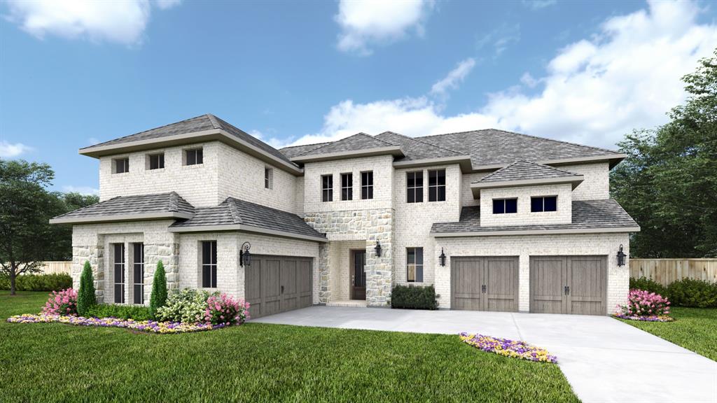 Two-story entry with 20-foot ceilings. Family room with sliding glass doors and a cast stone fireplace facing the entry. Kitchen features a large island, a large walk-in pantry and a Butler's pantry. Formal dining room. Home office with French doors. Primary suite features 14-foot ceilings. Double doors lead to primary bath with dual vanities, a freestanding tub, glass-enclosed shower, and two walk-in closets. Second level features a media room and a game room. Covered backyard patio. Split four-car garage.
