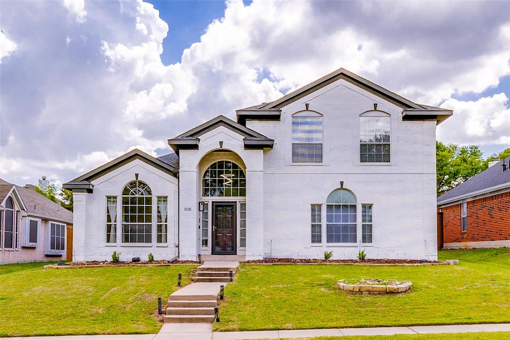***Vaulted Ceilings & awesome natural light!***Full YouTube video available, search address on YouTube or ask your agent for the link***Handsome Two-Story Texas Traditional home with marvelous updates. Crisp white painted brick exterior with nice set back on a pretty Plano street.  Fantastic floorplan with open vaulted ceilings and flexible floorplan. Updates include interior paint to walls and cabinetry, lighting fixtures, new range in the Kitchen, & new luxury vinyl plank throughout the first floor.  The grand two story entry is open to the formal Living and Dining, the island Kitchen has stainless appliances, a bay window above the sink, abundant cabinetry space & slab stone counters with a designer backsplash. The Great Room also has open vaulted ceiling and a corner fireplace. The Primary is secluded from the main areas and features two closets and a fully updated bath with a free standing tub. Upstairs, a large Game-Media Room and three well-sized bedrooms and updated bath. The rear yard features a beautiful pool with hot tub, new fencing, a covered sitting area, and good privacy.  This home has great storage.  Make this attractive home yours!
