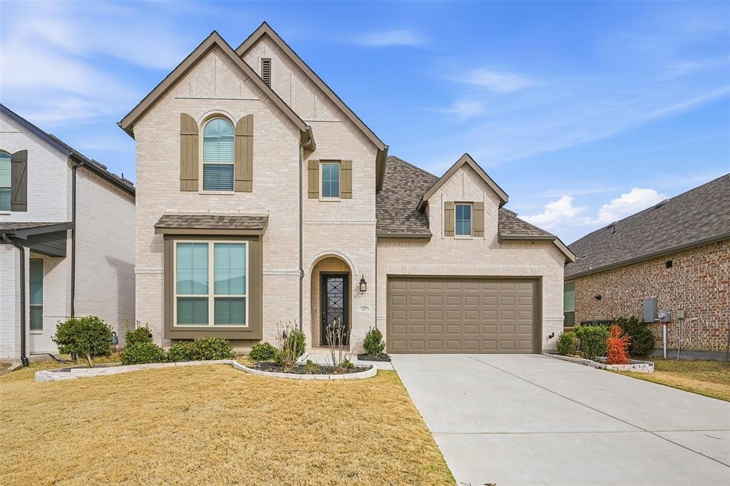Stunning 3,221 sq ft Highland Home in Aubrey featuring a thoughtfully designed open-concept layout with 5 bedrooms, including 2 bedrooms and a dedicated media room downstairs—ideal for guests or multi-generational living. The chef’s kitchen showcases quartz countertops, a gas cooktop, abundant cabinetry, and seamless flow into the spacious living area with soaring ceilings and natural light. Designer accent walls and boxed dining windows add architectural charm throughout. Upstairs offers 3 bedrooms and a generous loft for additional living space. Enjoy the extended covered patio and resort-style community amenities including a fishing pond, scenic trails, playground, fitness center, and pool.