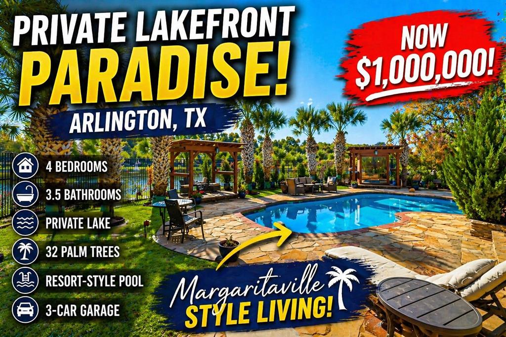 Rare, one-of-a-kind, resort-style lakefront retreat in the heart of the DFW Metroplex, tucked away on a quiet cul-de-sac and set on a beautifully landscaped .34-acre lot with direct frontage on a private lake and framed by 32 mature palm trees that create a serene, tropical atmosphere and everyday vacation vibes just minutes from town. Lush landscaping is irrigated directly from the lake, allowing you to enjoy stunning grounds without high water bills. Impressive open, light-filled living spaces designed for both everyday comfort and exceptional entertaining, including a grand living room and game room with panoramic lake views, custom wet bar, new wine fridge. The kitchen flows seamlessly into the den and formal dining area, making hosting family gatherings, dinner parties, and holidays effortless. The oversized primary suite serves as a private sanctuary with a spa-inspired bath and direct backyard access, perfect for enjoying peaceful mornings overlooking the pool, palms, and shimmering water. Step outside to your private oasis featuring a sparkling resort-style pool, flagstone decking and covered porch, expansive deck, private sauna with lighting and music, two powered gazebos, custom outdoor lighting, and breathtaking sunset views. This home offers peace of mind with a new Lennox HVAC system and condenser with 10 yr warranty, new roof, two 200-amp electrical panels, updated plumbing from meter to home, remodeled kitchen and downstairs areas, rod iron fencing, new front courtyard, 2 storage sheds including a greenhouse-style structure, 32 outdoor electrical outlets throughout yard & lakefront, custom outdoor lighting, and a 12-camera outdoor security system. An oversized three-car garage with a heated and air-conditioned half bath. More than a home, it's a lakefront lifestyle offering luxury, privacy, and comfort, where every day feels like a retreat and opportunities like this rarely come to market.