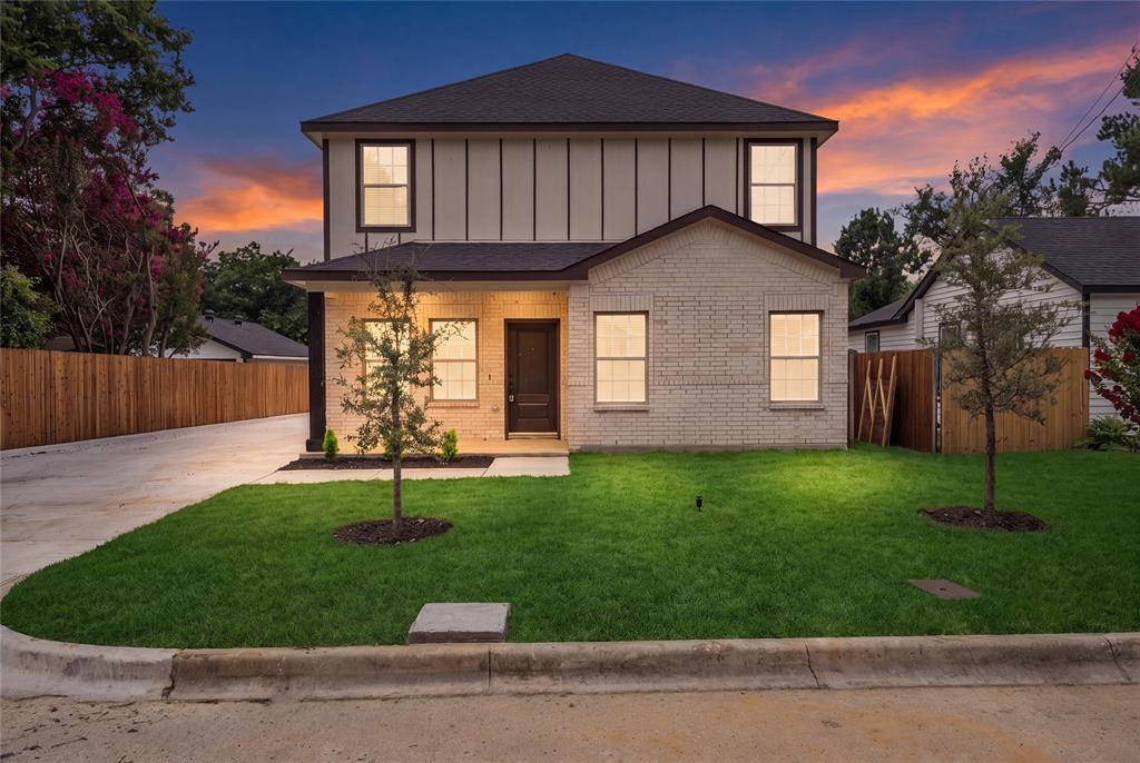 Brand new 2026 construction in Fort Worth! This spacious 2-story home features an open-concept living and dining area with vaulted ceilings and durable tile flooring, plus a chef's kitchen boasting rich espresso cabinetry, quartz countertops, subway tile backsplash, stainless steel appliances, a gas cooktop with pot filler, and a generous walk-in pantry. The private primary suite offers a walk-in closet with custom shelving and a spa-like ensuite bath with a frameless glass walk-in shower. Additional bedrooms are generously sized with custom walk-in closets of their own. A striking staircase with wood treads leads to the upper level. Outside, relax on the covered front porch or entertain on the covered back patio, overlooking a large, fully fenced backyard with mature landscaping. Classic brick and board-and-batten exterior offers fantastic curb appeal. Move-in ready with modern finishes throughout — schedule your showing today!