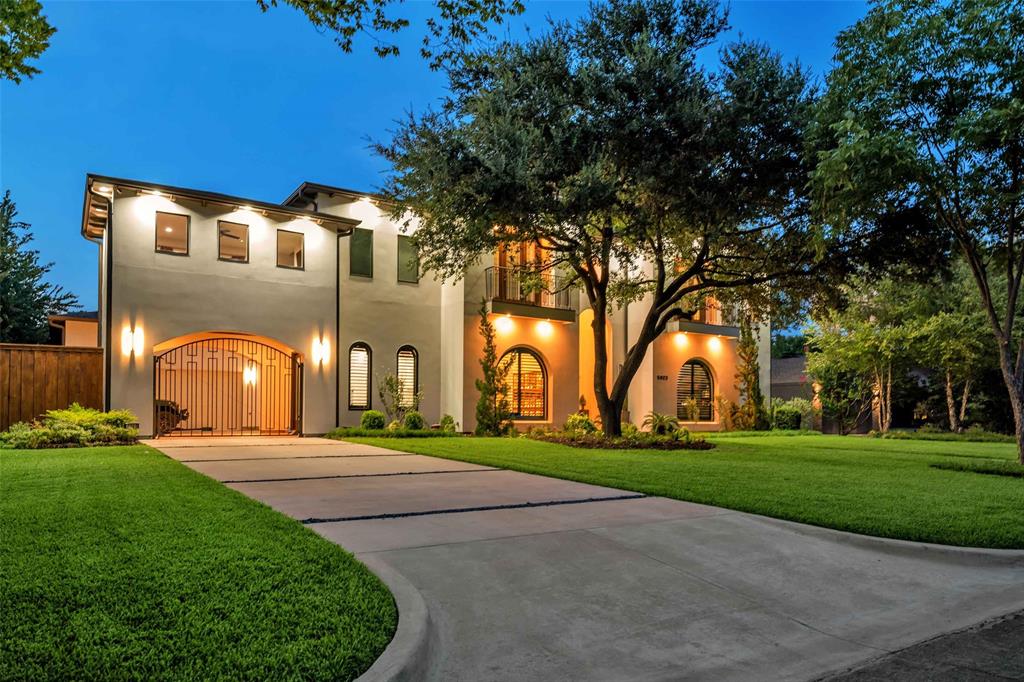 Preston Hollow modern-Mediterranean, ideal layout of open spaces and entertaining amenities. Starting with top-line Viking chef kitchen & 2nd prep area, brkfst nook with pool view, dual dishwashers, ....Main living walks out into Lux pool-patio veranda, large gatherings made simple. Full bar & cocktails? Custom wine room? Movie time?...it's all here.  First floor corner primary suite has pool views and private entry.  Generous primary bath leads to custom WIC, bathed in natural light, clerestory windows. Second floor stairs stroll into the expansive game salon overlooking entry. Bank of windows flanked by service bar & art wall lead to the east & west wings with 3 en-suite bedrooms, a bonus room, another oversized laundry with half bath. Dual balconies in south facing bedrooms make for great java mornings. Automated shades enhance major rooms, beautiful handscraped oak flooring throughout. Kids can play in gated porte-cochere courtyard that embraces 3 car garage.