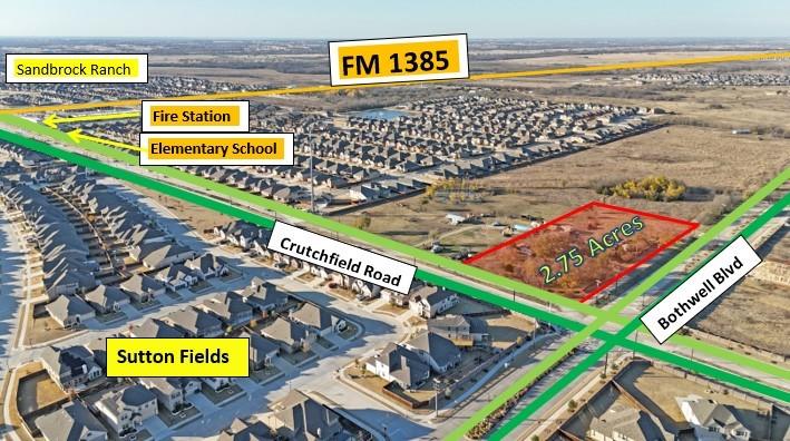 This 2.75-acre commercial parcel is strategically positioned in a rapidly expanding corridor of Denton County, surrounded by thousands of new rooftops and major infrastructure improvements. Located in the Celina ETJ with no current annexation agreement, this corner lot at 6131 Crutchfield Road offers immediate development potential or a high-growth investment opportunity.
Prime Commercial Opportunity & Infrastructure Growth:
•Strategic Location: Situated approximately one mile south of the future Denton County Outer Loop and less than one mile from FM 1385.
•Enhanced Connectivity: The property is four miles west of the Dallas North Tollway and four miles north of Highway 380.
•Infrastructure Expansion: Crutchfield Road is being extended to connect to the future Teel Parkway, a planned 6-lane road. Design work for portions of Teel Parkway is underway, with construction expected to begin as early as winter 2026.
•Outer Loop Progress: The Denton County Outer Loop study is expected to wrap up by mid-2026, with a preferred alignment announcement anticipated by late spring 2026. 
•Immediate Residential Density: The property adjoins the Sutton Fields subdivision, which is continuing its expansion through Phase 5, planning for a total of 2,310 homes.
•Regional Growth: There are seven additional developments within a 5-mile radius, bringing more than 17,500 total homes to the immediate area.
•Proven Demand: New construction continues to be a major driver in the Aubrey and Celina markets as the North Texas region remains one of the top-selling areas for master-planned communities. 
•Utilities: CoServ electric is available onsite, with city water and sewer infrastructure nearby.
•Flexible Investment: The lack of an annexation agreement in place provides unique flexibility for those looking to hold for long-term appreciation.