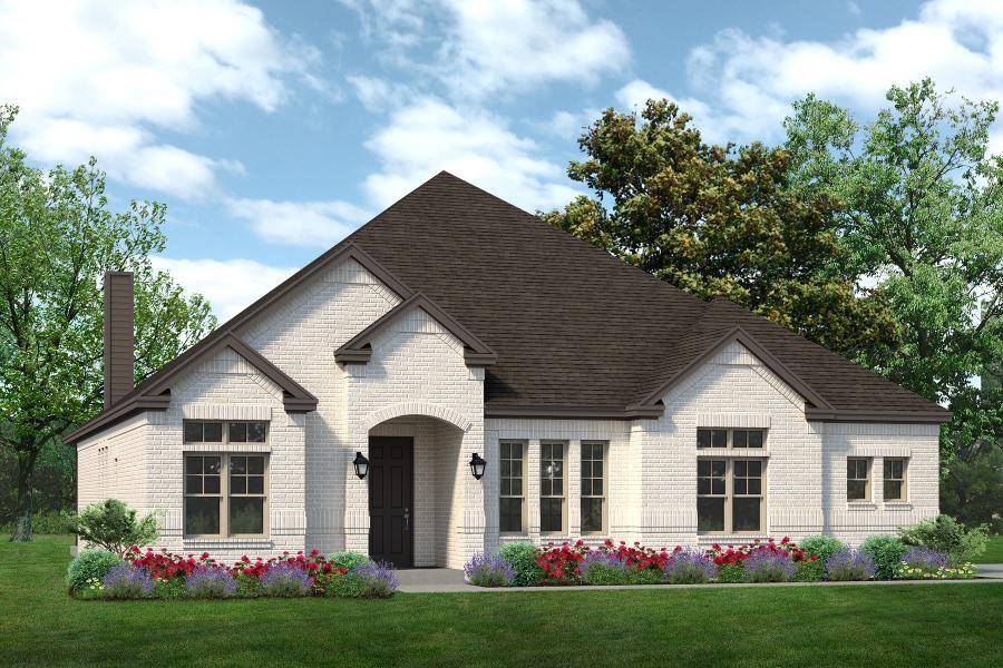 MLS# 21317060 - Built by Sandlin Homes - August 2026 completion ~ Our Bellaire plan built on a corner lot with a side entry garage, 4 bedrooms, 3 bathrooms, a study, mudroom bench with storage, and beamed ceilings in the living area. Kitchen highlights include 3cm quartz countertops, stained cabinets with darker stain at the island, a white wood hood vent, trash can pull out drawer, and champagne bronze cabinet pulls and sink faucet. Throughout the home, enjoy upgraded flooring, upgraded brass decorative lighting, and upgraded bathroom tiles.