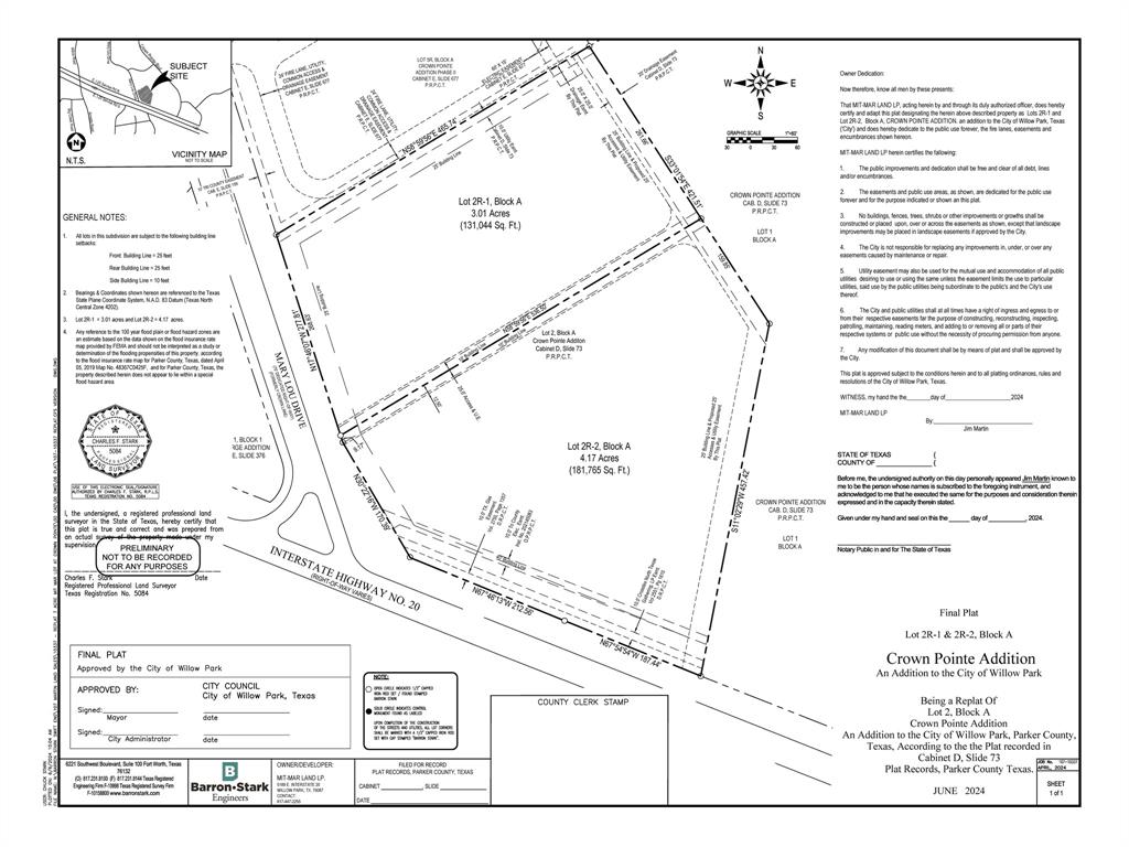 TOP-NOTCH COMMERCIAL DEVELOPMENT**4.17 Acres located at the intersection of I-20 N Service Road and JD Towles Drive in the Crown Pointe Commercial Development - Willow Park.  Could be an ideal location for a Hotel, Restaurants, Bank, or Office Buildings.  This tract's Neighboring Businesses include, Texas Health Emergency Room, two new Surgical centers, Sr Independent Living, Skilled Nursing, Assisted Living, Medical Office Buildings, Restaurants, Office Buildings and, most recently, the newly constructed campus of Willow Park Baptist Church featuring a Sanctuary with 1,500 seating capacity as well as a new 4 Court AAU Gymnasium under construction.  Approximately 400 feet of frontage on I-20's North Service Road and 400 plus feet of frontage on Mary Lou Drive.  Property is restricted from certain medical applications.