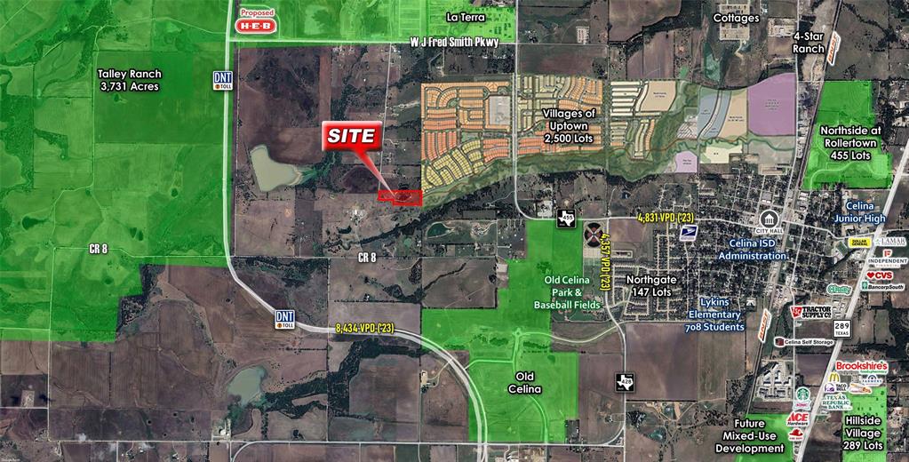 Incredibly located 10-acre parcel on Future Legacy Drive, with Dallas North Tollway less than a mile to the West and FM 455 less than a mile to the East.  This property is outside city limits and does not have a pre-annexation agreement in place with the City of Celina, making this parcel a rare find with significant potential. The property is adjacent to the future Uptown Celina, a 700-acre master planned development with 2,800 single family homes and 1,100 multifamily units planned and immediately South of J Fred Smith Parkway, which will be home to a future H-E-B site and full diamond exit from the Dallas North Tollway. The site is within a mile of 12,000 new residential lots including 7,200 lots in the master planned community of Legacy Hills just to the North.
