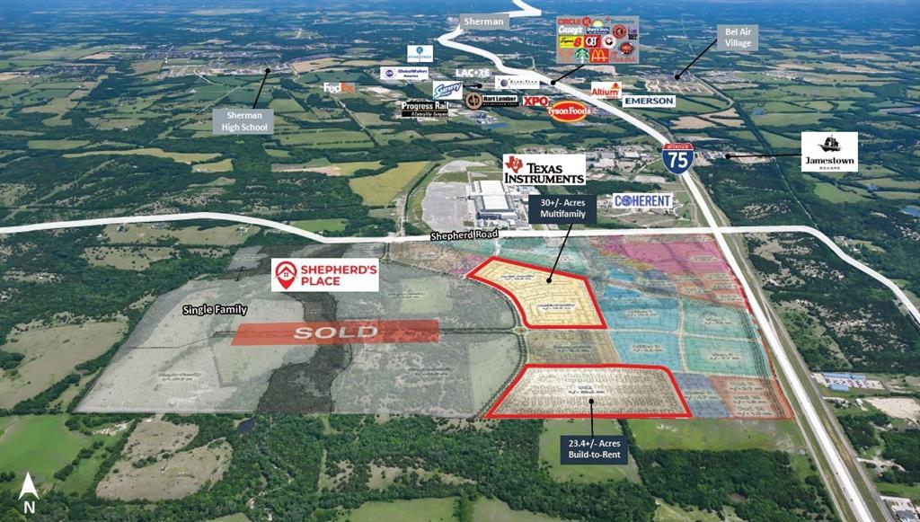 Here is the information for a 23.4 acre Build-to-Rent Site and a 30 acre Multifamily Site that are part of a larger master planned community called Shepherd’s Place, located at the southwest corner of US-75 and Shepherd Road in Sherman, TX. The Site is zoned under the Shepherd’s Place planned development, a 531 acre community, which will also include, but not limited to, 60 acres of retail, 20 acres of office, 941 single family lots, 24 acres of townhomes, and 7 acres of hospitality. 

Please note, Ownership would consider subdividing the 30 acre Multifamily Site into two 15 acre tracts, and the Build-to-Rent Site can also be developed as multifamily; all the sites can be purchased individually.