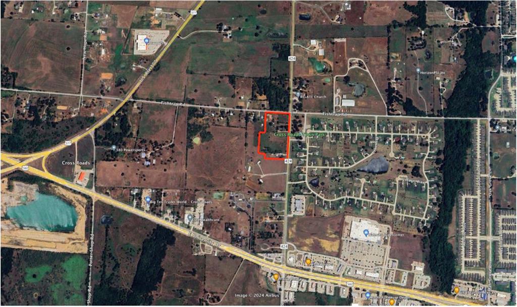 Prime Location: 10.3 Acres situated at the prominent intersection of FM 424 and Fishtrap Rd, featuring a traffic light and direct proximity to a city park.

Located near major retailers such as Walmart, the future HEB, Starbucks, McDonald’s, CVS, Bank of America, and more, this property offers exceptional commercial potential.

High daily vehicle traffic ensures excellent visibility and exposure.

The property is zoned Commercial under the city of Cross Roads, making it ideal for a variety of business developments.

Additionally, it is just 8 miles from the PGA of America Headquarters, further enhancing its strategic location.