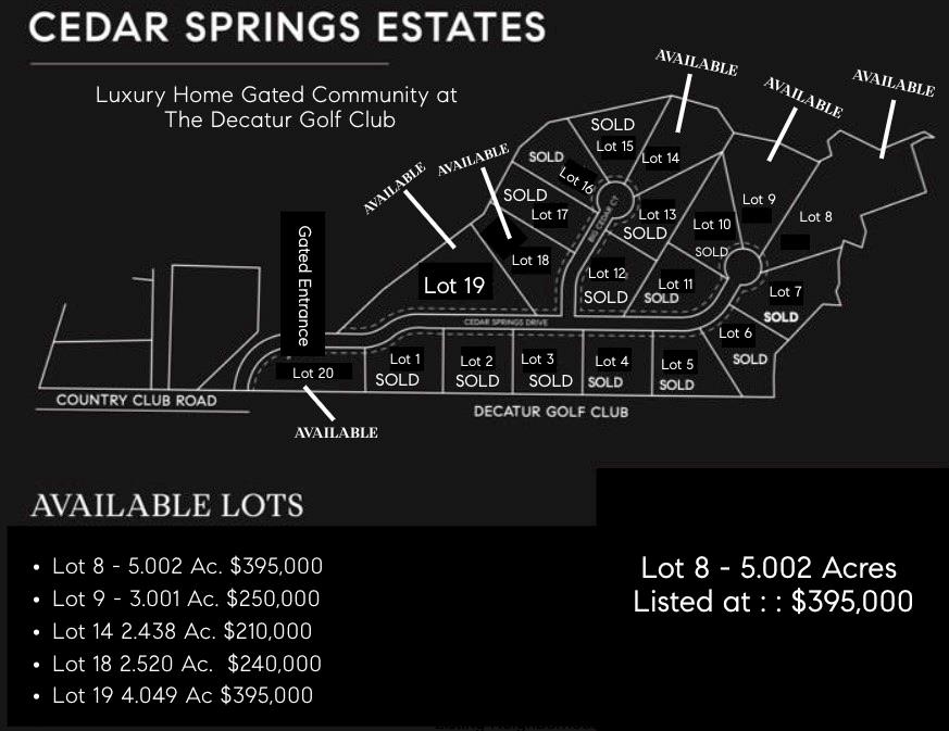 NEW LUXURY HOME GATED COMMUNITY IN DECATUR, TEXAS : Welcome to Cedar Springs Estates located on the Decatur Golf Club. Exclusive Custom Home Sites available for purchase starting at $200,000. Cedar Springs Estates offers a selection of unique amenities including direct access to the Decatur Golf Club and Club House, across the street from Hollis & Sue Jones Park and ball field's, as well as very close proximity to the Decatur Private Airport. Rest assured with extra level of security behind the community gates, Cedar Springs Estates is one of the few gated communities in Wise County. Play the 9 hole golf course, catch a ball game at the park, head to the private airport to get out of town all within a few steps of your home. A short drive to the Historic Downtown Decatur Square you will find fine dining and shopping. Enjoy privacy and seclusion on your 2+ acre lot surrounded by mature trees and landscape. Yet only minutes to Downtown Ft Worth, DFW Airport, Alliance, Southlake, Dallas.