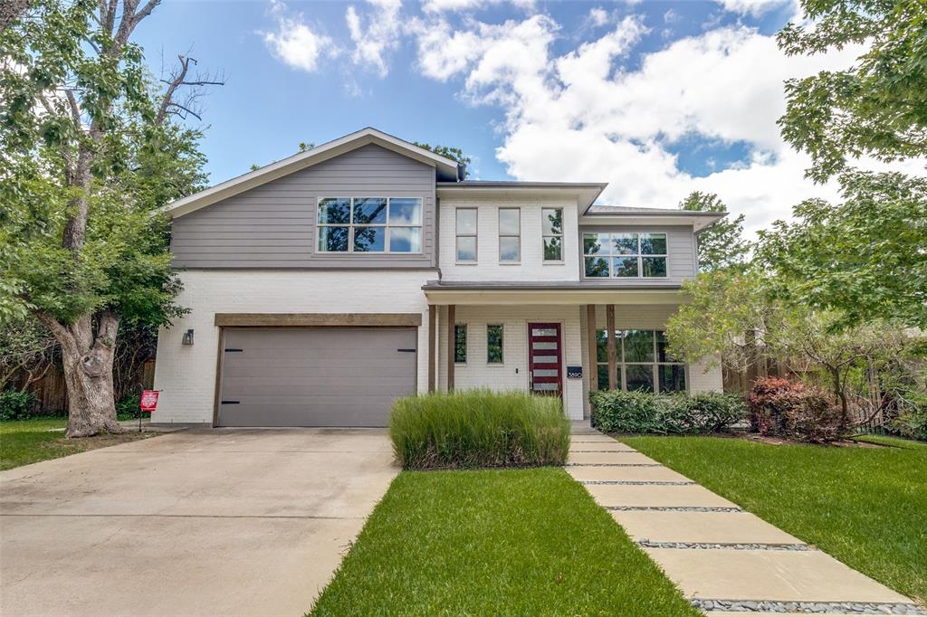 This clean-lined, soft contemporary home was built by Hudson Construction on a peaceful block of Midway Hollow. Downstairs you'll find a soaring 2-story entry, an open kitchen & living area with a wall of windows overlooking the backyard, dining room, powder bath, mud room, attached 2-car garage & a guest suite with a private bath. Upstairs spaces include the primary suite, 2 additional bedrooms with a bath, oversized living area and a spacious laundry room. Upgrades include hardwood flooring throughout, stone kitchen island & quartz countertops, stainless gas cooktop & double ovens, stone-faced gas fireplace, built-in sound speakers and custom shades. The primary suite offers a freestanding tub, large shower with a rainfall shower head, dual sinks & two walk-in closets. Enjoy the large pool-sized yard from your covered patio and shaded pergola.  This beautifully maintained home is zoned to popular Withers Elementary and close to fabulous restaurants, shops, and Central Market!