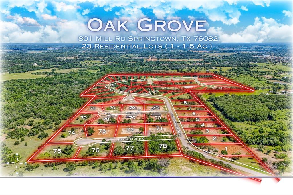 Nestled in the serene hills of Parker County, Oak Grove is located in Springtown, Texas 76082, this hidden gem offers stunning views framed by the rolling terrain and a canopy of mature trees, ensuring your privacy and tranquility.

These generous lots, ranging from 1 to 1.5 acres, provide ample space to create your dream home. Utilities have already been installed. Oak Grove is proudly situated in the Springtown Independent School District, making it an ideal place for families. 

Bring your own builder, and let your imagination run wild as you design your dream home amidst this breathtaking landscape. It's time to witness the full potential of Oak Grove for yourself!