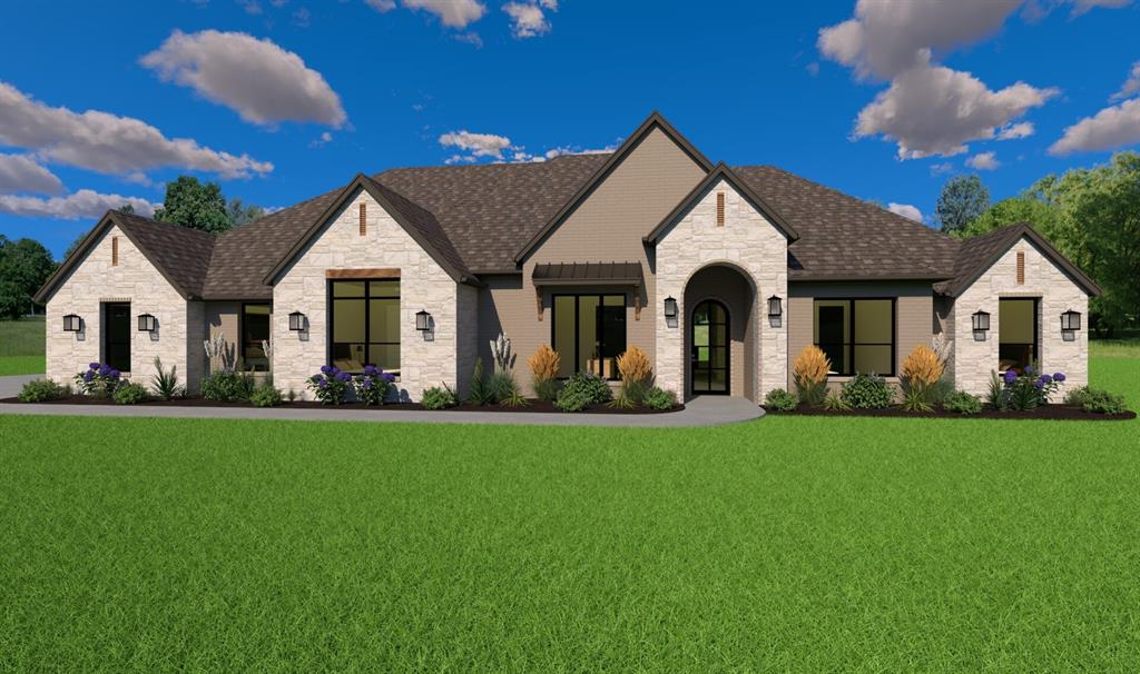 Showcase of Homes 1st place winner! Modified Cape May Signature Series by Couto Homes. Welcome to 2212 Cotton Tail Way — a stunning new construction home nestled on over 2 acres in the sought-after Putteet Hill Ranch subdivision, just off Highway 377. Thoughtfully designed with 3,519 sq ft of single-story living, this 4-bedroom, 3.5-bath home also features a dedicated study, & a spacious game room. From the moment you arrive, the painted brick and natural White Austin stone exterior with a black metal awning and iron front door make a lasting impression. Step inside to full-arch walkthrough openings, engineered wood floors, and a show-stopping living room anchored by a coffered ceiling, gas fireplace with floor-to-ceiling White Austin stone, and a white oak floating mantel. The chef's kitchen is appointed with knotty alder custom cabinetry, quartz countertops, a quartz apron-front sink, 5-burner gas cooktop, double ovens, drawer microwave, pull-out spice & utensil cabinets, and TWO islands — all finished in brushed gold Moen fixtures. The primary suite is a true retreat with a spa-inspired bath featuring a beach-entry shower, frameless glass enclosure, freestanding soaking tub, and warm brushed gold fixtures throughout & a closet that dreams are made of! Built for comfort and efficiency: open-cell foam insulation, radiant barrier OSB roof decking, 14 SEER HVAC with electric heat pump, Honeywell WiFi thermostat, water well, aerobic septic, and a gas stub-out for your future outdoor kitchen. Both the front and back covered porches feature tongue-and-groove stained board ceilings — the perfect place to take it all in. The epoxy-floored 3-car garage and side driveway offer plenty of room for guests and hobbies. Ideally located just off Highway 377, you'll enjoy peaceful country living with an easy commute to the Metroplex. Come see it — life happens here!