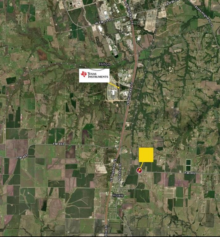 Opportunity to acquire 45 acres (out of 49.44) of prime land for development at the intersection of Ponderosa Road and Bethel Road; just east of I-75 in Howe; about 3 miles south of Texas Instrument compound. The property also has MOL 316 of road frontage with FM 902 for a total of 3053' of road frontage on the west and south side. 
The property is just outside of the city limit. However, there is an 8 inch city of Howe water line across Ponderosa Road with several fire hydrants installed. There are power lines running along the West side of the property on Ponderosa Road.