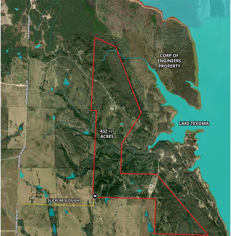 Now offered with mineral production owned by seller included, this 432-acre recreational property adjoining Lake Texoma has been repositioned to deliver both lifestyle and income. Previously offered without this advantage, the addition of mineral royalty income significantly enhances the value and investment appeal. The sellers own approximately  1713 mineral acres with 412 acres currently unleased and extends under portions of Lake Texoma.  
This unique tract borders Lake Texoma's Corps of Engineers land with approximately 3 miles of frontage providing a natural buffer between you and the lake, creating unmatched privacy and access.
The land is ideal for hunting, fishing, ATV riding, or simply enjoying the outdoors. Terrain varies with 145 feet of elevation change, reaching 775 feet at its highest point. The property features three ponds, multiple creeks, open grazing areas, and a dense canopy of hardwoods that support abundant wildlife. Northern Grayson County is known for quality whitetail deer, while Lake Texoma offers renowned striper fishing.
The property is fenced for cattle and accessed through a single entry at Slickum Slough, offering both security and seclusion.
Large acreage tracts with direct Corps adjacency are rare, and even more so with active mineral production conveying with the surface estate. This is an opportunity to own a legacy recreational ranch with immediate income and long-term upside. Historical royalty income available upon request; buyer to verify. Existing production on or near property; mineral ownership to be verified