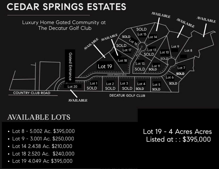 NEW LUXURY HOME GATED COMMUNITY IN DECATUR, TEXAS : Welcome to Cedar Springs Estates located on the Decatur Golf Club. Exclusive Custom Home Sites available for purchase starting at $200,000. Cedar Springs Estates offers a selection of unique amenities including direct access to the Decatur Golf Club and Club House, across the street from Hollis & Sue Jones Park and ball field's, as well as very close proximity to the Decatur Private Airport. Rest assured with extra level of security behind the community gates, Cedar Springs Estates is one of the few gated communities in Wise County. Play the 9 hole golf course, catch a ball game at the park, head to the private airport to get out of town all within a few steps of your home. A short drive to the Historic Downtown Decatur Square you will find fine dining and shopping. Enjoy privacy and seclusion on your 2+ acre lot surrounded by mature trees and landscape. Yet only minutes to Downtown Ft Worth, DFW Airport, Alliance, Southlake, Dallas.