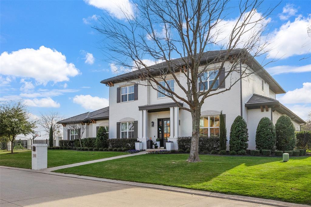 Resort style living in beautiful, guarded Mira Vista. Built by Glendarroch Homes in 2018, this home has everything! A grand foyer welcomes you inside with gorgeous hardwood floors and a stately staircase, flanked by a study with glass French doors and a large formal dining room. The spacious family room is open to the luxury kitchen with high-end stainless-steel appliances, exquisite quartz countertops, and a large butler pantry with built-in full size wine fridge. First floor primary suite with spa-like bathroom, double vanities, make-up counter, and 2 large walk-in closets. A secondary guest suite is also located on the first floor, with a large en-suite bathroom. Upstairs boasts a giant flex room with built-in sink, mini-fridge, and a second powder bath. Off the flex room is a large media room, perfect for watching movies and games! There are 2 large bedrooms on the second floor, both with their own en-suites and large walk-in closets. The backyard is its own oasis! A covered patio with retractable shades, a cozy, gas fireplace, large glass sliding doors, and a built-in grill. The sparkling pool and spa were built in 2021, with waterfall features and a fire pit! The driveway is gated, with extra space for the basketball goal or riding bikes, all on quiet cul-de-sac, backing up to the Mira Vista nature trail.