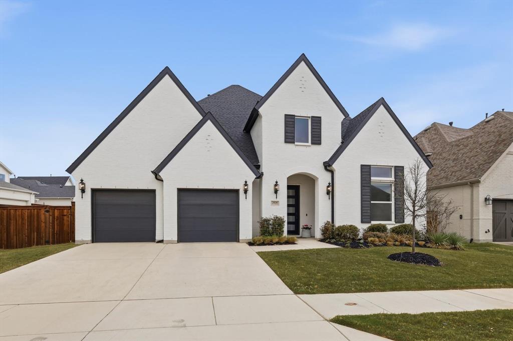 All brick home built by Toll Brothers with many builder upgrades, this impeccably maintained 4 bedroom, 4.5 bath home offers the perfect blend of thoughtful design and everyday functionality. The open concept floor plan creates seamless flow for entertaining and daily living, with two spacious bedrooms conveniently located on the main level. Each bedroom features its own private ensuite bath, offering comfort and privacy for family and guests alike. The heart of the home is the beautifully appointed eat in kitchen with quartz countertops, complete with rich wood stained cabinetry and generous workspace, opening effortlessly to the living and dining areas. Electric blinds in great room and kitchen. A dedicated office provides quiet space for working from home, while the upstairs media playroom offers the perfect retreat for movie nights. Step outside to the covered back porch, already equipped with a gas line. The two car garage includes deep TANDEM space, perfect for additional storage, a workshop, or recreational equipment. Located near the elementary school, parks, pools, and all the exceptional amenities Walsh has to offer, this home delivers not just beautiful living space but a vibrant, connected lifestyle. EV charger in garage. Buyer and Buyer's agent to verify all room measurements and schools.
