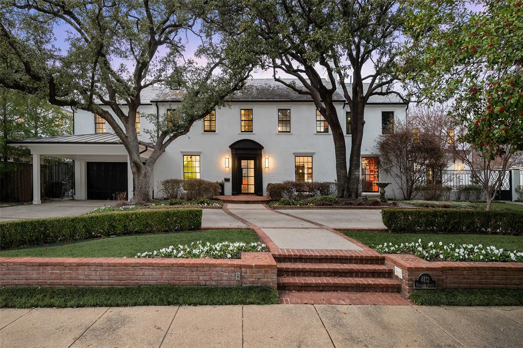 Classic Highland Park home on coveted block w 5 BR, 5.1 baths, 1200 sf guest qtrs & outdr LA. Completely renovated by Bentley Tibbs in 2017 & situated on a large 0.43-acre lot w lush landscaping, front circle drive, & entertainers’ backyard. Inviting entry boasts beautiful hardwds & flanked by formal dining rm w windows & oversized living rm. Adjacent vibrant bar-lounge is perfect for the ultimate entertainer & opens to a side courtyard. The entire back of the house opens to backyard, pool, & outdr LA, & includes the family rm w FP, bfast rm, kitchen, & cozy sitting area. The second flr offers a sleek primary suite, spacious primary bath w dual sinks, free-standing tub & sep shower. Custom oversized closet is the ultimate luxury! Four addtl ensuite bedrms complete the 2nd flr w walk-in closets & built-in storage. Backyard includes large pool, outdr LA w FP, grill & guest quarters w living rm, kitchen, full bed & bath. Located near shops & dining at HP Village, Bradfield Elem & parks!