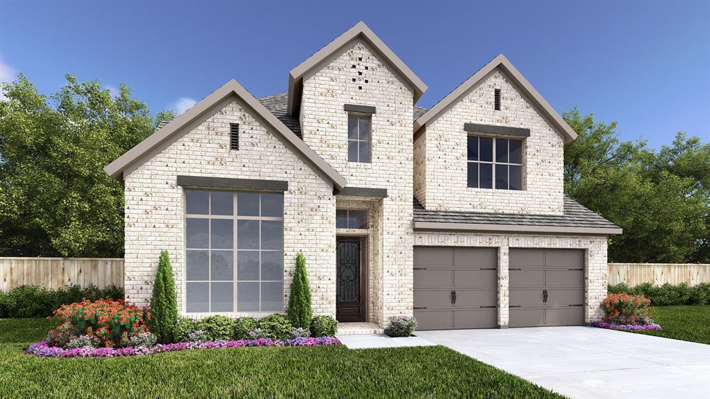 Home office with French doors set at two-story entry. Open kitchen hosts inviting island with built-in seating space and a 5-burner gas cooktop. Two-story dining area opens to two-story family room with wall of windows and a wood mantel fireplace. First-floor primary suite with wall of windows. Dual vanities, a freestanding tub, separate glass-enclosed shower and two walk-in closets in primary bath. A guest suite with full bath is downstairs. Secondary bedrooms, a game room and theatre room with French doors are upstairs. All bedrooms include walk-in closets. Covered backyard patio. Mud room off three-car garage.