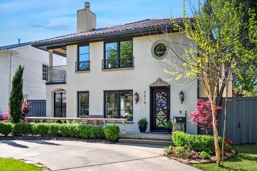 Lovely & updated 1940’s Spanish style home in the heart of University Park. Exuding charm & character, this 4 bdrm, 3.1 bth home welcomes you through its gorgeous custom iron front door into the stunning two-story entry & formal open living & dining rooms. A dramatic stone fireplace, wooden beamed ceiling, Saltillo tile floors & abundance of light provided by a wall of windows, provide the space & ambiance for gracious entertaining or everyday living. An arched doorway leads to a renovated (2024) gourmet kitchen, with quartzite countertops, ziellage backsplash, new hardware & fixtures & beautifully repainted cabinets as well as adjoining breakfast room with built-in wine fridge, bar area & the French doors to the backyard provide the perfect transition from formal to casual living. Adjacent to the breakfast area is the spectacular & expansive family room boasting antique wooden beams, a large cast stone fireplace, beautiful built-ins & a sliding glass doors opening to the backyard & providing wonderful indoor outdoor living. A back staircase provides easy access to all bedrooms on the 2nd floor.  The 1st floor is completed with an updated powder bath & renovated office with built-in cabinets, drawers, desk & carpeting. Upstairs the lovely primary suite has a gas fireplace, Juliette balcony and recently renovated bathroom with two separate vanities, free-standing tub, large shower & huge, custom walk-in closet. There are three other spacious bedrooms, and two bathrooms, one which has been renovated.An upstairs loft provides additional living or workspace & opens to a covered patio. Recently turfed backyard with putting green, new landscaping & lighting, fenced yard & electric gate, provide wonderful outdoor space. An oversized 2 car garage with storage complete the home. Just two blocks from Goar Park & walking distance to restaurants, shopping, elementary & middle schools, this location & home provide an exceptional lifestyle! Buyer to verify all information.