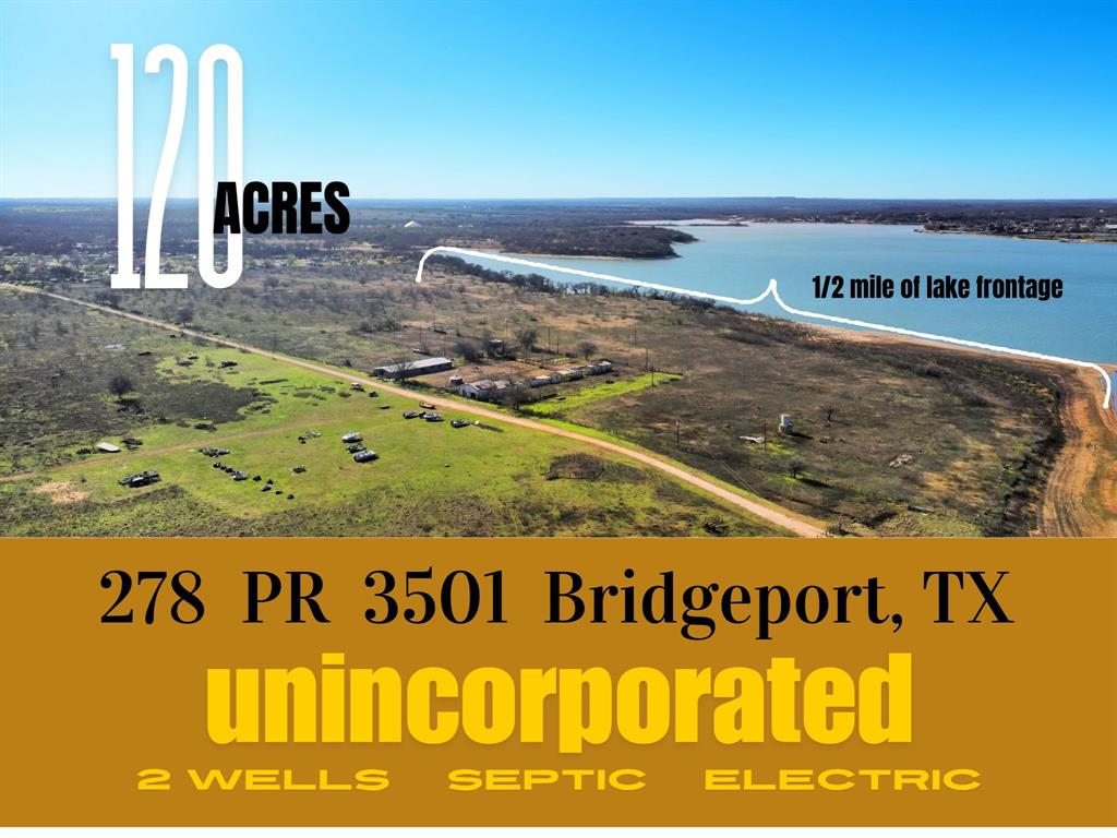 120 acres of open land ready for personal development, subdivision or investment. Nestled just 45 minutes from Ft Worth, conveniently 1
mile from Bridgeport Municipal Airport & 2 miles from Runaway Bay Marina Golf Club & Resort this gem boasts a half mile of
Lake Front & quarter mile of Highway Frontage. Man made canal can allow developer to provide multiple lots with water access
to Lake Bridgeport!