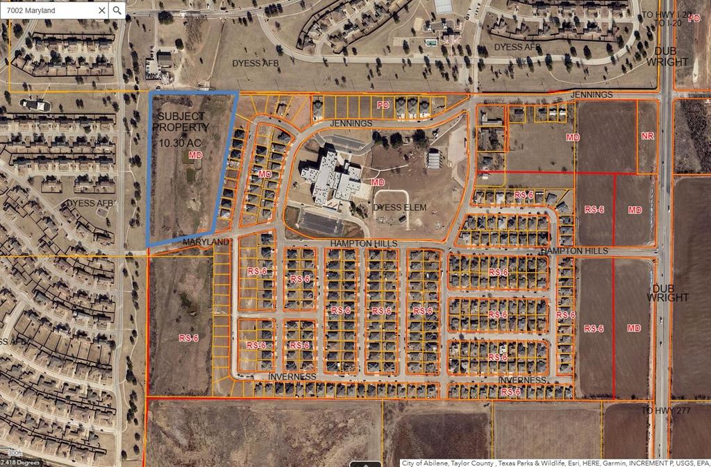 Development Site Zoned MD Multi-Family which allows 12 units per acre.  Can be Apartments, 4-Plexes, Townhomes, or Duplexes.  Existing Sewer line runs the length of the property north & south as shown on the attachments with a water main on Maryland.  All of the property is in the Flood Plain but no Floodway so buildings will just need to be built above the Base Flood Elevation.  Seller is in the process of bringing material onto the property to help bring it out of the flood plain based on preliminary flood information by the engineers.  A Flood Study will be required to develop the tract.  Rare MF site located next to Dyess!!
