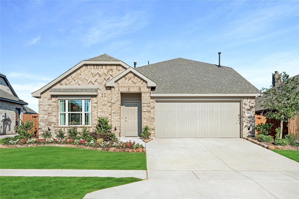 FORMER MODEL HOME by Bloomfield Homes - NEVER LIVED IN and PROFESSIONALLY DESIGNED! Modern two-story with 5 bedrooms and 3 baths, the Redbud II plan is no cookie-cutter builder model! From the plentiful and unique window arrangements to the built-in seating and wall of flushed flat panel cabinetry in the kitchen, buyers love using the contemporary canvas to express their style. As a former model home, you get a head start on decorating thanks to custom painted accent walls, custom bench seat cushions, and coordinated window treatments! All pairing perfectly with the curated material selections including RevWood flooring in common areas, cabinets in a complimentary stain with long pulls included, large body tile in baths, mosaic kitchen backsplash tile, and upgraded plush carpet. The Primary Suite is situated privately downstairs with a walk-in closet and ensuite bath, as well as 3 more secondary bedrooms, a full bath, and a dedicated laundry room. Upstairs has a roomy game room, Bedroom 5, and Bath 3 - great if you require a private bedroom or secondary living space. The home's exterior adds to the charm, with gorgeous garden beds and landscaping that has been professionally maintained since the beginning! There's uplighting added and a covered front porch to place seasonal decor on, and a covered patio in the backyard with flood lights too for outdoor hangouts year-round! Additional highlights include all gas cooking on stainless steel appliances (most included in sale), a large shower in the primary bath, walk-in pantry storage, a mud bench across from the garage interior entry door for a shoe drop off, and a full 2-car garage. Location is a block away from the community pool! Come by during business hours to see this home for yourself and stop by our office next door to get more information. *Available to close 6-8 weeks after contract signed.*