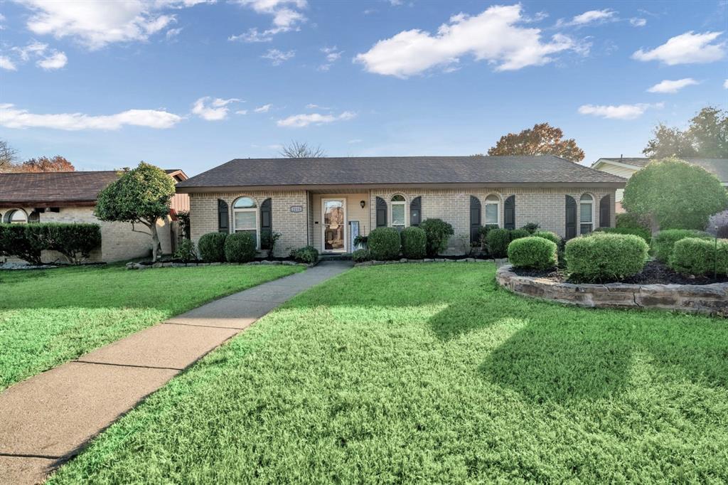 Super cute, open and bright home with several nice updates!  Gorgeous laminate floors throughout with carpet in the bedrooms.  Interior was just freshly painted a nice warm neutral.  Large family room is open to the kitchen, sunroom and backyard.  Backyard has a pool, gazebo area,  board on board fence and nice landscaping.  Inside the kitchen has a lot of counter space, a nice deep sink, and the refrigerator, washer and dryer will convey.  Primary bath has a large frameless walk in shower.  Tilt sash vinyl windows and solar panels help this home to be energy efficient.  Great location near Armstrong park, 75 and George Bush.  Wonderful home with a great layout and fantastic location!