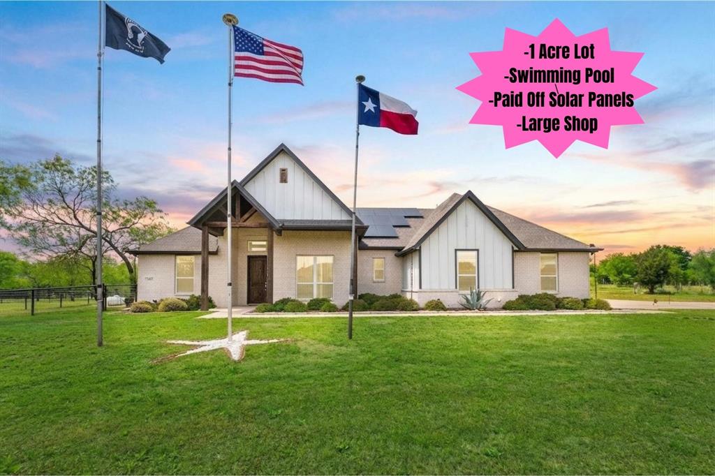 Now offering $10,000 Seller Credit towards buyers expense with Acceptable offer!! Welcome to this well-maintained 2021-built home on a fully fenced 1-acre lot featuring over $200,000 in upgrades. This move-in ready property offers modern features, functional space, and valuable upgrades with no HOA and located outside city limits. The home includes PAID OFF Solar Panels, providing energy efficiency and significant savings on electricity. Inside and out, the property has been meticulously cared for and is in excellent, turn-key condition. The backyard features a custom-built pool with a large tanning ledge and attached hot tub, along with a covered patio area ideal for outdoor entertaining. A standout feature is the 30x60 custom metal building equipped with a 14-foot roll-up door and two 30-amp RV hookups. This versatile space is perfect for RV and boat storage, a workshop, or could be converted into a guest house, or pool house. Located in a quiet rural setting with convenient access to nearby towns and interstate highways making for an easy commute into the DFW Metroplex, this property combines country living with modern convenience. Ideal for buyers seeking a home with land, pool, shop, RV storage, and energy-efficient features. Schedule your private showing today—this one won’t last long!