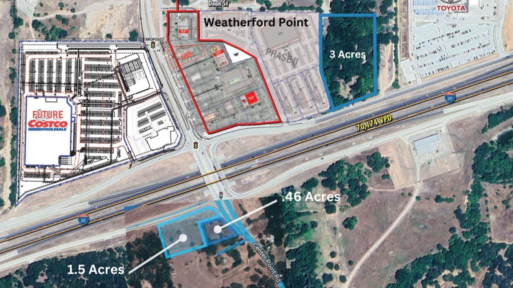 Approximately 1.5 acres at the Southwest Hard Corner of Interstate 20 and the New East Loop at Center Point Road. The Gateway To Weatherford. 75,000+ car count and strategically located between Hudson Oaks and Weatherford.  Near new Costco on the NW corner and Weatherford Point, a new multi tenant shopping center anchored by Sprouts on NE corner. HEB, WalMart, Cheddars, Urban Air, 336 multi family unit, Creekside at Hudson Oaks and 332 multi family unit, Birchway just one exit east. Recently included in the City of Weatherford's TIRZ zone.  Additional acreage available.