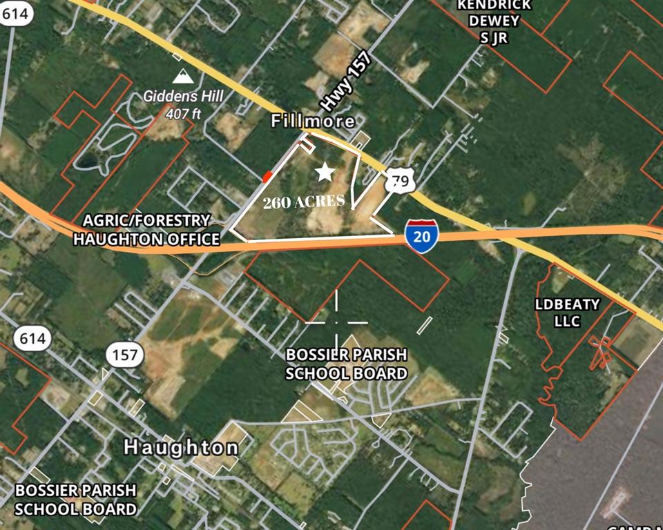 Prime tract of land adjacent to I-20 at Haughton Exit 33.  260 acres at exit ramp, north side of I-20 and east side of Hwy 157 and runs from I-20 to Hwy 80 with road frontage  at I-20, at Hwy 157, and Hwy 80. Seller will subdivide acreage and priced from $4.00 to $12.00 per sq ft. This is an ideal location for a  travel center, hotel, restaurants, fuel companies, distribution centers, car dealerships,  medical industry, pharmacies, banks, grocery stores and much more. Property is not in a flood zone. Call realtor today for more info.