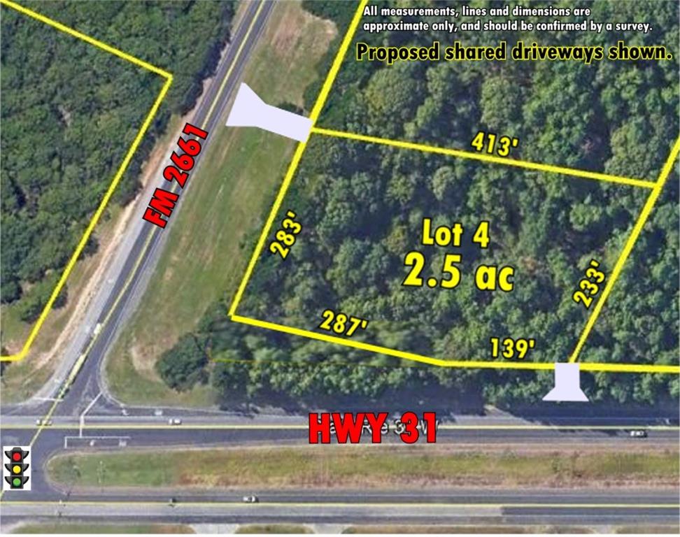 This is a great corner parcel with over 426' of road frontage on HWY 31 and over 283' of frontage on FM 2661. With over 20,000 cars passing through this intersection daily it's prime for a new business. Well elevated, easy access, great visibility, only 1 mile form TollRoad 49 and 6 miles to Tyler and 11.5 miles to I-20. Outside of Tyler City Limits, but inside of Tyler ETJ. The lot size shown is already surveyed Lot -1, 1.224 acres is $148,000 $2.78 psf Lot -2, 3.00 acres is $272,000 $2.08 psf Lot -3, 4.076 acres is $375,000 $2.11 psf Lot -4, 2.537 acres is $360,000 $3.26 psf Lot -5, 2.122 acres is $300,000 $3.25 psf