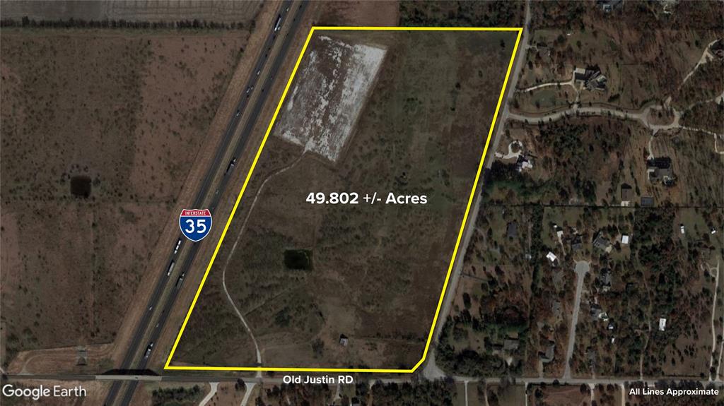 Approximately 49.8025 acres on I35W in Argyle, TX.  Property has 1 hard corner, at Old Justin Road and C.Taylor Road.  This is a high-traffic area with tons of growth and development.  Currently zoned Community Services. Argyle water is available. Contract let date of December 2027 per TxDot for the service road.  Zoning change approval needs to go through the City of Argyle.