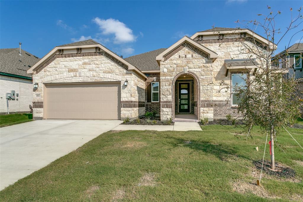 Nestled in a serene cul-de-sac, this inviting one-story home boasts a versatile open floor plan with a fourth bedroom and flex room. The kitchen showcases sleek stainless steel appliances, a gas range, and a breakfast bar overlooking the sink. The primary bath features an extended vanity, quartz countertops, and a fiberglass shower with a tile surround. Outdoor charm includes a stone and brick exterior, a covered patio, and lush landscaping with an automatic full sprinkler system. Noteworthy touches like a Kwikset smartkey entry door, carriage-style garage door, and 2” faux wood blinds elevate the space. With smart home features and a cozy ambiance, this home is a true gem. Ask sales counselor about closing cost and rate buy down opportunities.