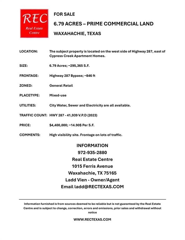 Near River Oak Subdivision, right next to the City of Waxahachie Water towel, on Hwy 287 between Brown Street and Farley Street