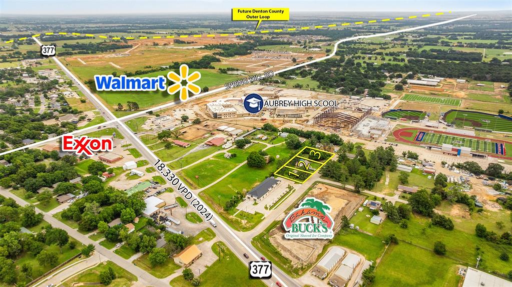 A rare opportunity to secure commercially zoned property in one of the fastest-growing corridors in North Texas. This offering consists of two houses on three adjacent lots with large frontage on Pine Ridge Road, surrounded by commercial development on all sides and Aubrey High School to the east — a built-in, high-traffic location with exceptional visibility and exposure.
Located along the bustling US-377 retail corridor, currently expanding into a six-lane divided thoroughfare, this site benefits from a daily traffic count of 18,330 vehicles on Hwy 377 and 9,665 vehicles on Spring Hill Road. Shadow anchored by the upcoming Aubrey Walmart just 1,000 feet away at Spring Hill and US-377, and adjacent to Bahama Bucks to the north, the site is surrounded by a growing lineup of national retailers and restaurants. Consumer traffic here is strong, consistent, and only growing.
Rapid growth, incoming retail, and surging residential development in the Aubrey market make this an ideal site for a new business, ground-up development, or a strategic buy-and-hold investment. Additional contiguous from the North commercial lots with direct access to US-377 are available , offering the opportunity to assemble a larger tract for a more substantial project.
Lot breakdown: Lot 1 — 0.1997 acres, 1,360 sf house. Lot 2 — 0.2791 acres, 1,360 sf house. Lot 3 — 0.2871 acres.
This is the right place at the right time — act now before this growth wave passes you by.