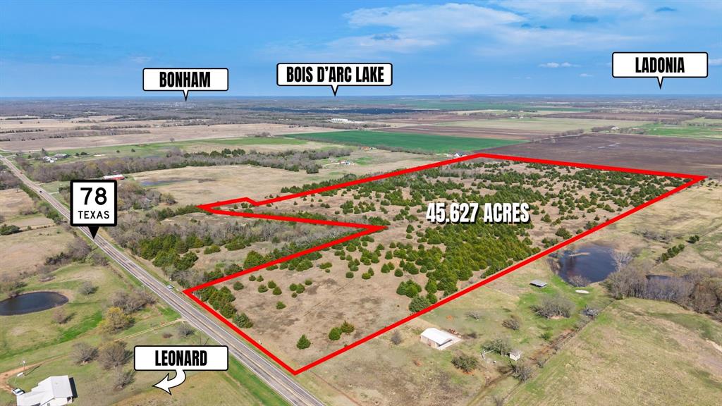 Prime 48.736 acres of beautiful North Texas land with direct Highway 78 road frontage near Bailey, TX in Fanin County. Currently zoned AG with gorgeous open meadows, scattered mature trees, and wide open skies that make this property as scenic as it is valuable. Whether you envision a custom dream home, a working ranch, a weekend getaway, or a long-term land investment, this acreage checks every box.
Location is everything and this property delivers. Highways 11 and 78 are right at your doorstep, putting you just 10 minutes from Bonham, 30 minutes from Bois dArc Lake, and approximately 40 minutes from McKinney. Everyday essentials including grocery stores, restaurants, and hardware shops are just 15 minutes away. Additional shopping, dining, and entertainment in McKinney, Greenville, and Sherman are all within a 35 minute drive.
Bonham and Fanin County are experiencing historic growth right now. DR Horton just broke ground on the new Asher Oaks subdivision in early 2026. The 400-acre Powder Creek Ranch master-planned community is now underway with plans for 3000 new homes and commercial development through 2035. Highway 121 is being expanded to a four-lane corridor, dramatically increasing regional connectivity. And Lake Ralph Hall, a brand new 7600-acre reservoir and Texas newest lake, is now filling and set to deliver water and future recreational access by late 2026.
Land with highway frontage in a rapidly developing Fanin County corridor does not come available often. Own your piece of North Texas before the next wave of growth arrives. This is not just a property, it is a position.