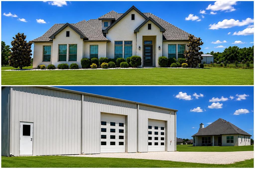 House with FLEX_SPACE BUILDING 4 Bedrooms 3 Baths 2,476 sq ft 1.02 acres 1615 County Road 1106 Anna, TX 75409.  Welcome to a truly rare luxury modern farmhouse and climate-controlled flex-space (Building) property in the Van Alstyne Anna corridor. Situated on 1.02 acres with an impressive 5,250 SF insulated steel building, this custom Owens Warford home an exceptional combination of upscale residential living, work-live flexibility, storage, recreation, and lifestyle versatility rarely found in North Texas.

Built in 2020 and meticulously maintained, the 2,476 SF home is completely turnkey and move-in ready with high-end custom finishes throughout. The open-concept floor plan features 3 bedrooms plus a dedicated office that can function as a 4th bedroom, 3 full bathrooms, soaring cathedral and tray ceilings, wood beams, crown molding, plantation shutters, luxury vinyl plank flooring, quartz and granite countertops, and abundant natural light from a wall of windows overlooking the outdoor living area.

The spacious family room features a wood-burning fireplace with a gas starter and easy conversion to full gas if desired. The chefs kitchen is designed for both entertaining and daily functionality with a large island breakfast bar, custom cabinetry, stainless steel appliances, gas double ovens, a walk-in pantry, and designer finishes throughout.

The luxurious primary suite includes a freestanding soaking tub, oversized glass and stone shower, dual vanities, a custom walk-through closet with direct laundry access, and exceptional natural lighting. Additional features include solid-core doors, a tankless water heater, an aerobic septic system, Rain Bird irrigation, extended parking areas, a covered back patio with a gas hookup and TV connections, fruit trees, and an oversized 3-car garage.