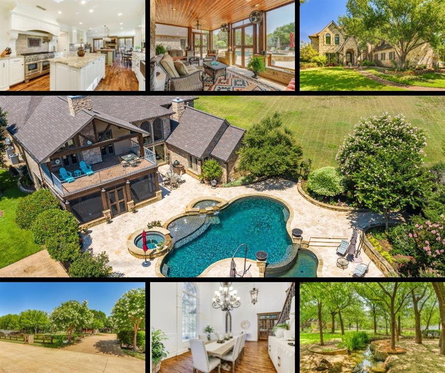 What an Extraordinary Property! a place where you can enjoy your own mini-ranch & resort-style living at the same time! Quality shows up everywhere, & no detail has been spared, both inside and out! 3.8 acres of gorgeous tree-lined grounds, offering a pond highlighted with a water feature, flowing on into a meandering stream. Waterfalls, bridges, Tx sized balcony & then screened in veranda porch below are fantastic , relaxing guest house! 3 car HVAC garage PLUS another 3 car garage. Incredible pool & outdoor space oasis that rivals any 5 star hotel! The inside is just as beautiful, where you see exquisite features every turn you make: Anderson windows, a gorgeous office that compares to none, Shoshi white painted walls,roof 9-24,gorgeous hardwoods on both floors, including double stairways, Inviting primary bedroom, expansive bath & jetted shower, separated by a beautiful cut stone fireplace, a cook's kitchen with many surprise slide outs, amazing exercise room, so much more! GORGEOUS!
