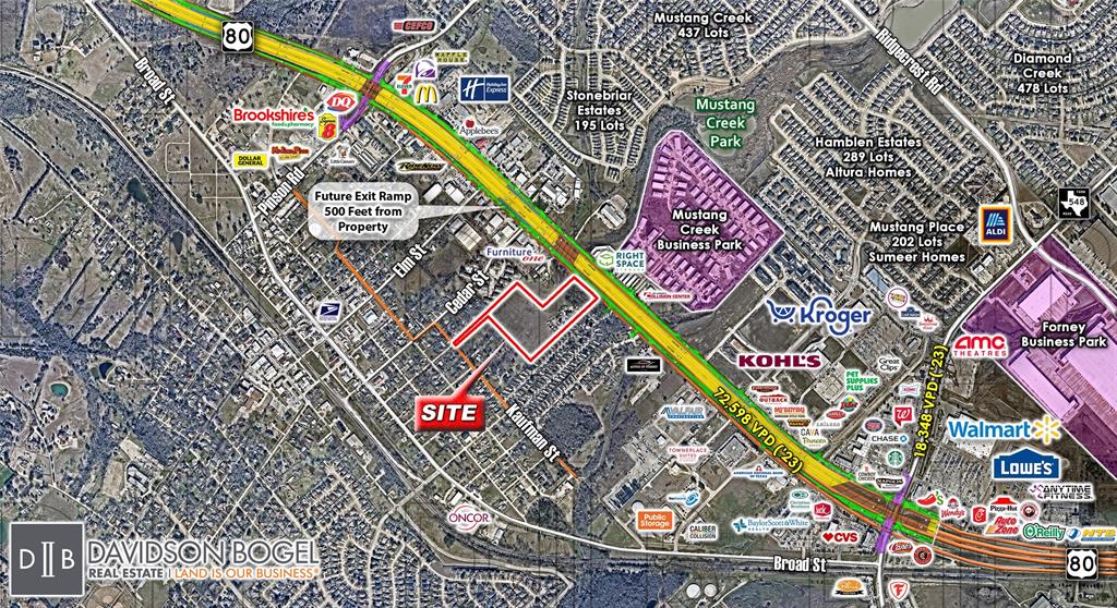 13 AC of development land for sale in Forney. Frontage of the property is already zoned for General Retail. Property has direct access to Highway 80 and Kaufman Street to the south.
Buyer to verify utilities and capacities.