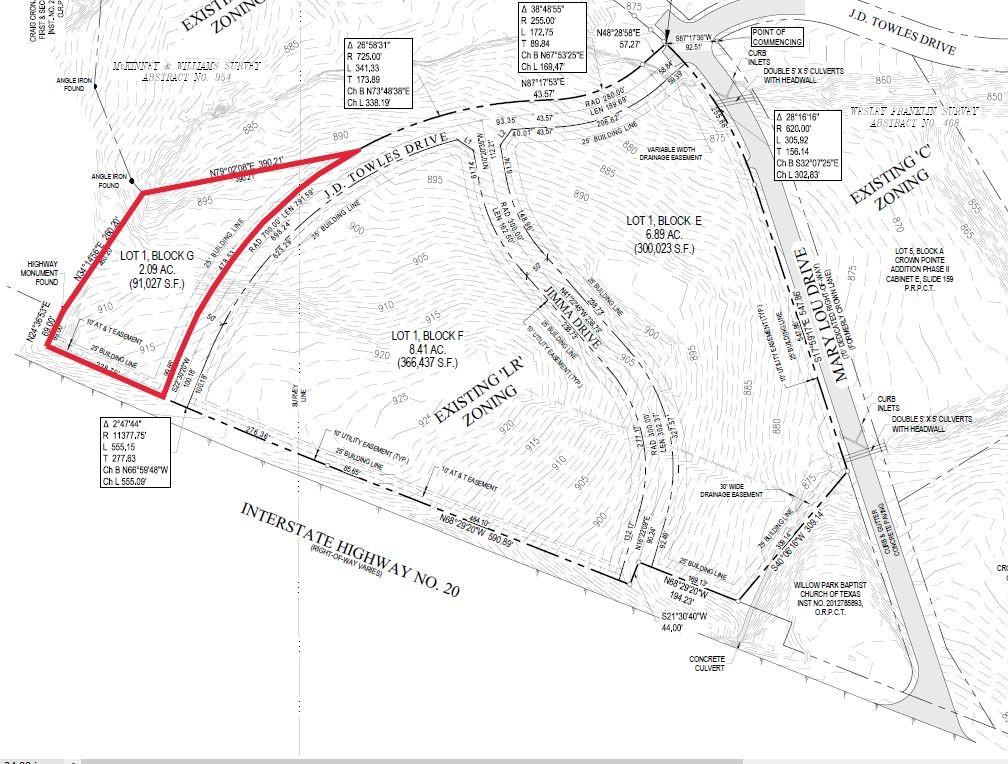 TOP-NOTCH COMMERCIAL DEVELOPMENT**2.02 Acres located at the intersection of I-20 N Service Road and JD Towles Drive in the Crown Pointe Commercial Development - Willow Park.  Could be an ideal location for a Hotel, Restaurants, Bank, or Office Buildings.  This tract's Neighboring Businesses include, Texas Health Emergency Room, two new Surgical centers, Sr Independent Living, Skilled Nursing, Assisted Living, Medical Office Buildings, Restaurants, Office Buildings and, most recently, the newly constructed campus of Willow Park Baptist Church featuring a Sanctuary with 1,500 seating capacity as well as a new 4 Court AAU Gymnasium under construction.  Approximately 400 feet of frontage on I-20's North Service Road and 400 plus feet of frontage on Mary Lou Drive.