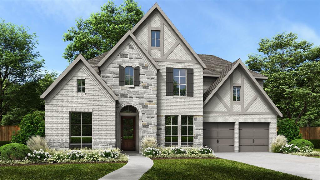 Large porch area leads to a two-story rotunda entry with a 19-foot ceiling. Home office with French doors. Guest suite with a full bath and a large closet. Kitchen features an island with built-in seating space, lots of counter space, a 5-burner gas cooktop, and a large walk-in pantry. Two-story dining area leads to the open family room with a wood mantel fireplace and a wall of windows. Secluded primary suite with a curved wall of windows. Double doors lead to primary bath with dual vanities, a freestanding tub, a separate glass-enclosed shower and two large walk-in closets. Curved staircase leads to the second level featuring a game room, a media room with French doors and a guest suite with a full bath and a walk-in closet. Covered backyard patio. Mud room leads to the three-car garage.