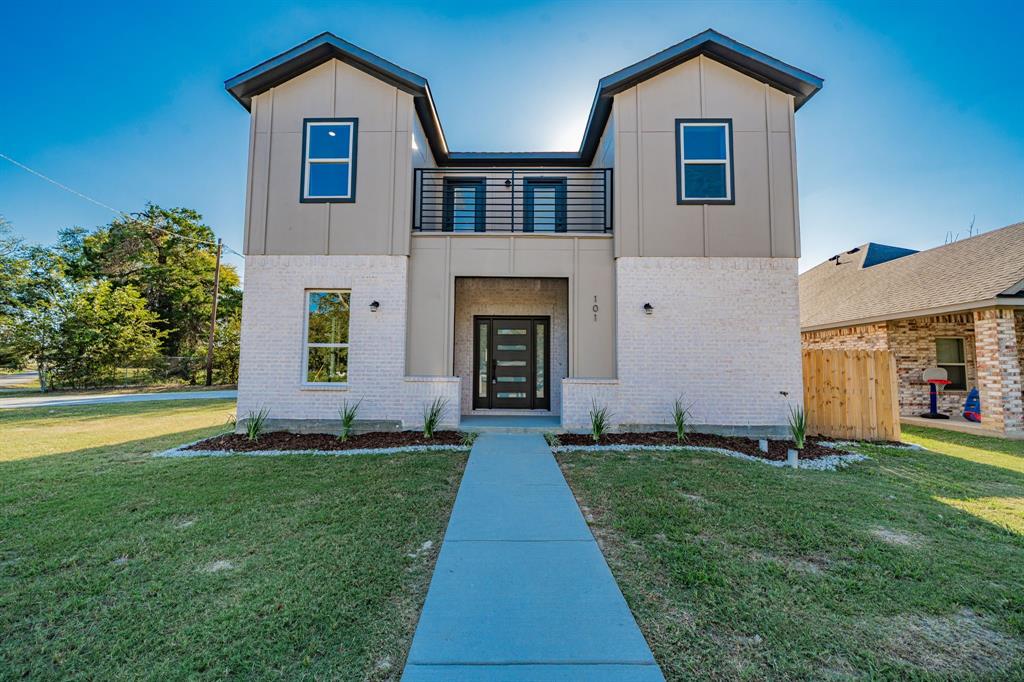 Built in 2025, this corner-lot home blends modern craftsmanship and smart design with 2,209 sq ft, 3 bedrooms, and 3.5 baths—each bedroom featuring its own private bath. The board-and-batten with brick exterior creates standout curb appeal, and a long driveway leads to the side-entry 2-car garage with direct access into the kitchen. Inside, the open floorplan is filled with natural light and showcases LVP flooring, quartz counters, stainless steel appliances, and a center island ideal for busy mornings. Living and dining areas connect seamlessly for everyday comfort or entertaining. Upstairs features a second living area plus a balcony for outdoor enjoyment, while the primary ensuite includes a tray ceiling and a large walk-in closet with a window for natural light. All bedrooms are comfortable and well-appointed, offering privacy and convenience throughout. A dedicated laundry room adds functionality, and the fenced backyard provides space for outdoor living or future landscaping. Located near Ben Gill Park for recreation and greenery, and close to Terrell Crossing Shopping Center offering restaurants, shops, and entertainment, with easy access to Spur 557 and I-20. Includes floorplans and a video tour for a complete preview of this beautiful new home. Proudly Claim Your Piece of Texas!