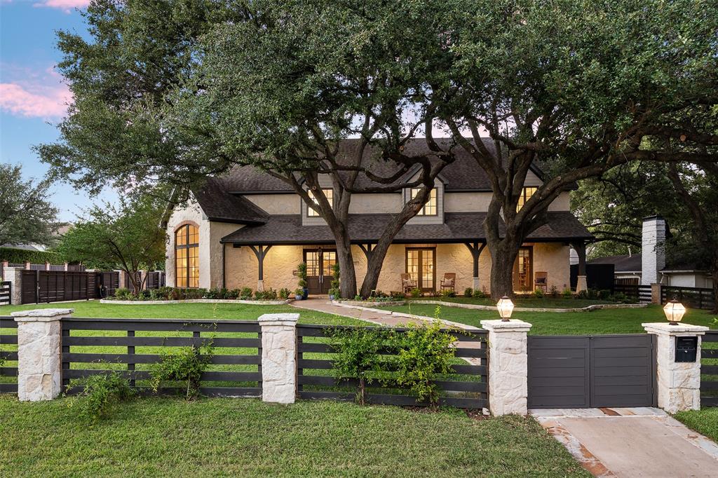Exceptional corner lot home, beautifully landscaped in coveted Preston Hollow location. Grand entry boasts high ceilings & flanked by light-filled formal dining & living & study w custom built-ins, ceiling treatments & FP. Great, open family rm centered on FP, built-in cabinets & desk & wet bar. Chef's ktchn w marble countertops, SS applncs, large center island opens to brkfst rm & family rm w views of covered patio. Grand, primary suite down w sitting area, primary bath w sep tub & shower, dual vanities & large walk-in closet w washer-drier hookup. 2nd flr feat media rm, game rm w bunk nook, 4 addl guest rms & utility rm. Home complete w 3-car gar, screened-in patio w turfed yard & covered porch.