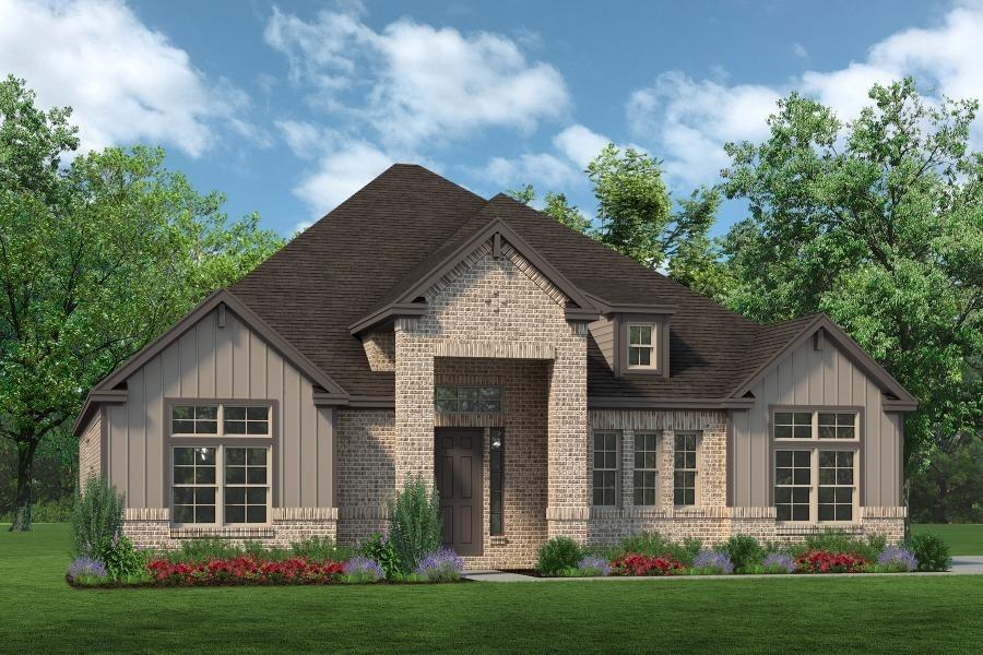 MLS# 21160500 - Built by Sandlin Homes - Ready Now! ~ The stunning Lexington plan features four bedrooms; three baths loaded with various structural and design upgrades! Thoughtfully expanded with an added storage garage and converted living space now offering a private bedroom with full bath – perfect for guests or multigenerational living.    The kitchen features a sleek oven tower, pendant lighting over the island, quartzite countertops, and a dramatic waterfall island. Custom cabinetry pairs medium gray stained uppers and lowers with light gray painted island lowers for a designer finish. Enjoy black kitchen hardware, brushed nickel lighting, and upgraded exterior fixtures for elevated style inside and out. Premium tile upgrades continue throughout, including the utility, secondary baths, and a spa-inspired primary retreat with veined floor tile, textured wall tile, and a pebble stone mud pan shower. This home seamlessly combines luxury finishes with thoughtful functionality – an exquisite blend of form and function.