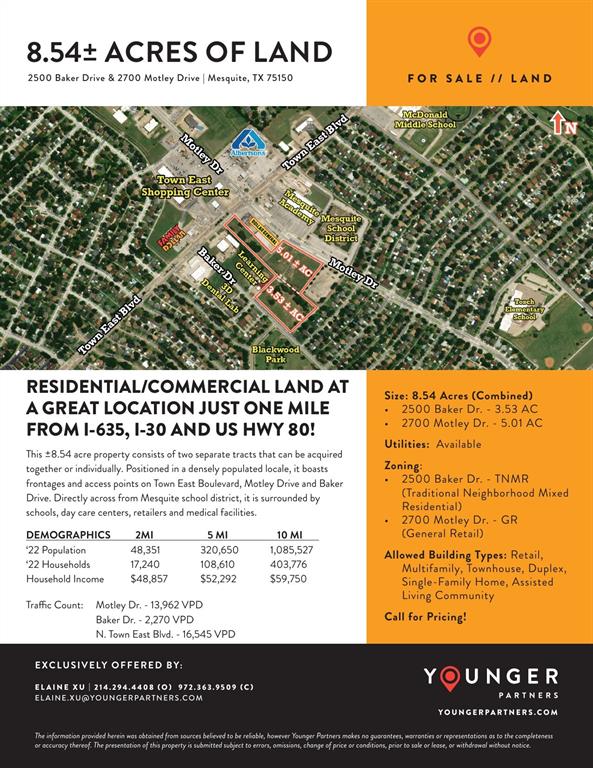 Strategically located within established residential and commercial neighborhoods, the property sits directly across from Mesquite Independent School District facilities and Mesquite Academy, making it well suited for family-oriented development. The site offers frontage and access points along both Town East Blvd and Motley Dr, providing excellent visibility and accessibility.

Zoned General Retail, the property allows for both multifamily and commercial development opportunities. In addition, Texas Senate Bill SB840 permits multifamily development “by right” on commercially zoned sites. With its prime location and strong surrounding amenities, the property is highly suitable for senior housing, multifamily, or high-density apartment development.

Surrounded by retail centers and medical facilities, the location offers convenient access to green space, recreation, shopping, dining, and everyday services. The availability of city water and city sewer further enhances the site’s flexibility to accommodate a wide range of commercial or residential development options in response to the growing demand in the Mesquite market.