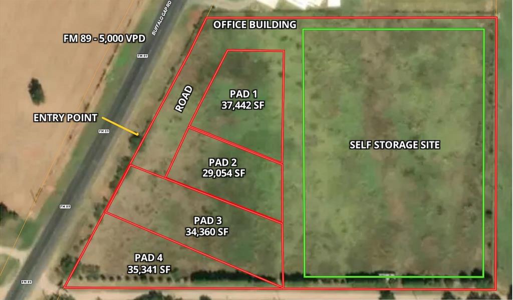 81 acre Pad Site on FM 89. Prime development location with 5,000 vehicles per day. The site is the fourth of 4 pad sites that will share a cross access easement, and could be combined with another to create a larger site. A new self storage facility is being constructed on the eastern acreage of the original 8.4 acre parcel.