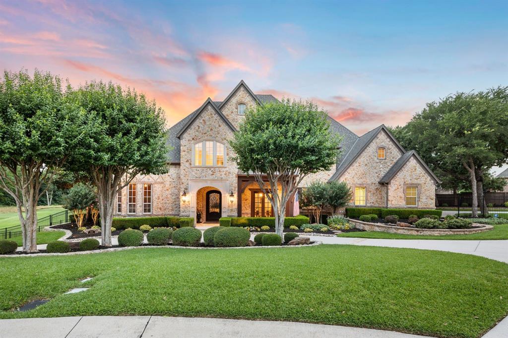 Rare find: Luxurious custom estate, sited on approx 1-acre lot, treed golf course lot in an exclusive gated enclave of Timarron! Zoned to exemplary Carroll ISD. Impressive curb appeal with meticulous landscaping, mature trees & circle drive. This five-bedroom floor plan offers primary & guest suites on the main level. This spacious home's first floor was extensively renovated in '21-'22 with high-end designer fit & finish. The grand entry boasts a sweeping staircase anchored by a richly paneled study with high ceilings, and elegant formal living & dining with an adjacent butlery-wine bar with tall wine refrigerator. The transitional style & soothing color palette continue into the family room, nook & kitchen which steal the scene with the most spectacular golf views from these areas and from the adjoining game room & wet bar. Kitchen highlights incl double islands, Thermador appl, quartz surfaces & more! There is also a cozy media room just off the family room that also opens to the bar area - Excellent entertaining spaces that open onto the covered patio with fireplace & grilling area. The custom Claffey pool & spa overlooks the 4th fairway and features a retractable pool cover. The primary bedroom suite and luxurious bathroom will satisfy the most discriminating buyer, with soft color palette, beautiful tile work and dual closets fitted by Closet Envy! There is an elevator that provides access to the 2nd flr rooms & the 3rd flr climate-controlled storage room. There are 3 large BRs on the second level, all with ensuite baths & 2 share balcony access. In addition, there is abundant living & recreation space upstairs with a half court gym, playroom and exercise room. 4-car garage with epoxy floors! Class 4 Roof, gutters & copper turret replaced in 2025.  Absolutely stunning decor & impeccable condition!