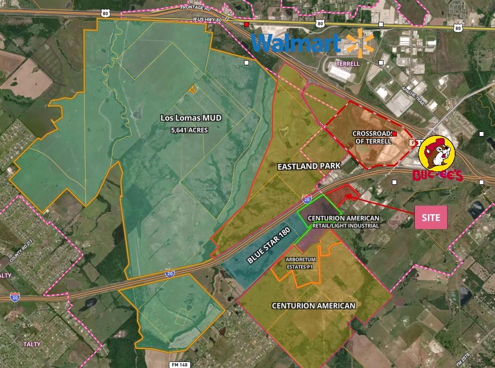 Discover the potential of this 30-acre tract of land ideally positioned between FM 148 and I-20 in Terrell, Texas. Boasting over 1,400 linear feet of I-20 frontage, this expansive property offers unbeatable visibility and high-traffic exposure perfect for a wide range of commercial developments.
Key Features
Zoned Highway Commercial (HC): Ready for development to meet a variety of business needs.
Infrastructure-Read: A 16 inch water line runs along FM 148, and city sewer access is readily available, simplifying development timelines and costs.
Enhanced Accessibility: Planned on-off-ramp access to I-20 with a frontage road construction project set to begin in 2026-2027 will further increase accessibility and visibility, making this an even more desirable commercial location.
